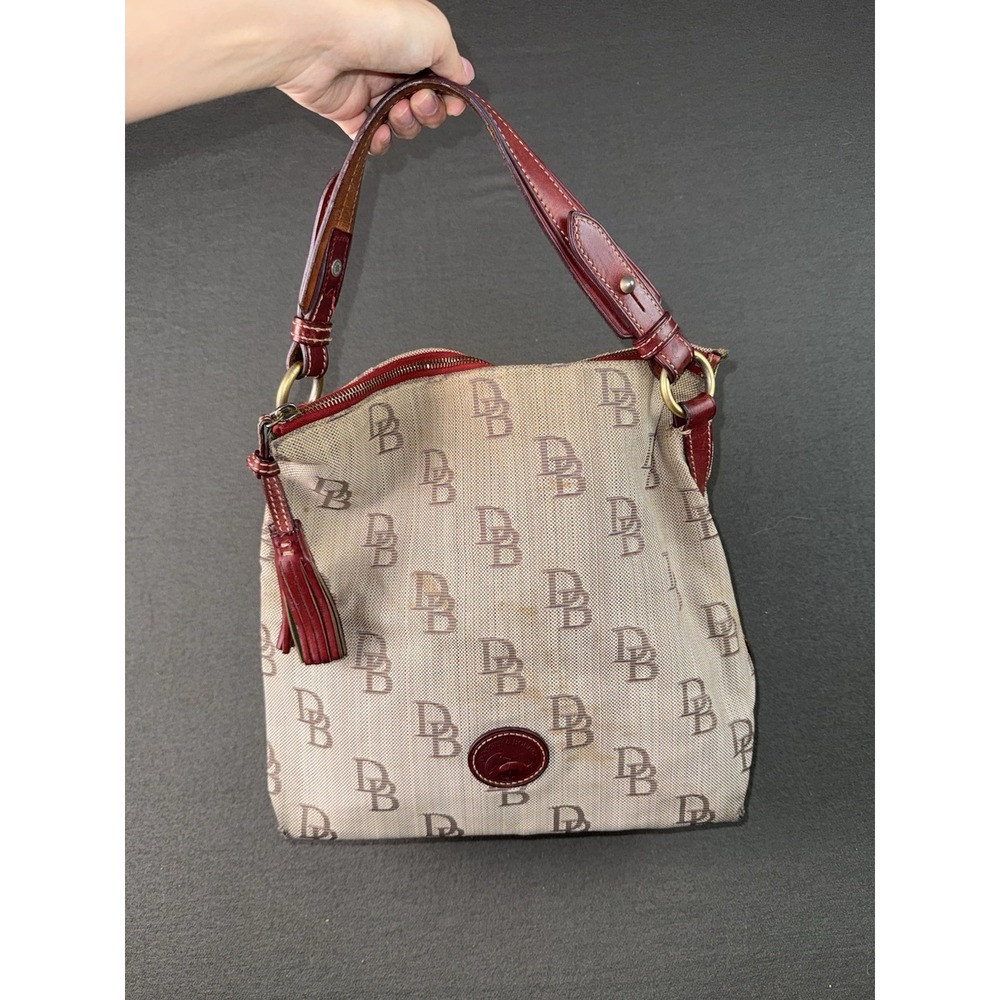 Dooney And Bourke Cream Handbag Jacquard Logo Hobo Bag Red Leather Trim & Tassel